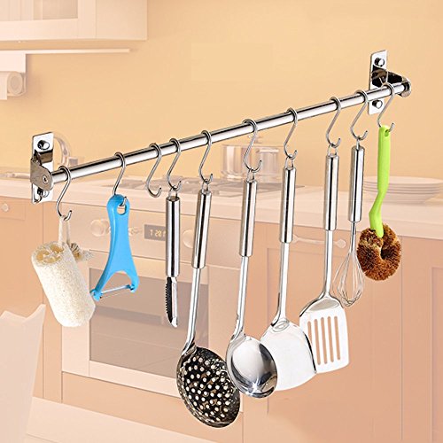 ConCo Küchenbesteck Küchenhelfer Set aus SUS304 Edelstahl Hängeleiste Küchenutensilien Kochzubehör Set 8 Haken - 50cm Doppel Schiene (50cm Single Schien)