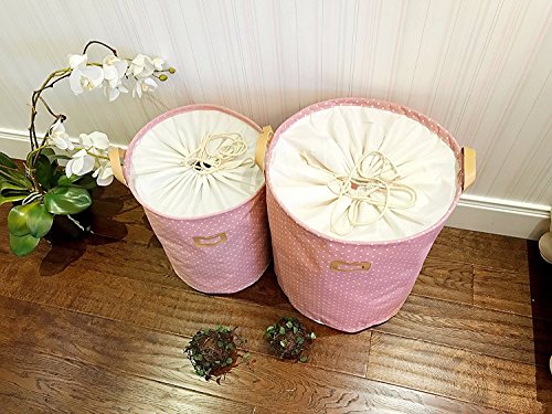 dokehom DKA0811PK Baumwolle Leinen Aufbewahrung Eimer, rund Wäschekorb, erhältlich in 7 Farben Pinke Punkte - 4