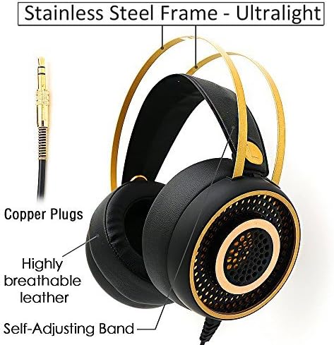 MarkFive MK1 Black and Gold Hi-Fi Music Headphones Ultralight and Comfortable Over-Ear Stereo Headset with Adjustable Headband for PC Phone