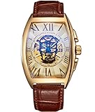 SEWOR Luxus Herren Totenkopf Kopf Automatik Mechanische Armbanduhr Leder Band Glas Beschichtung, blau … (GGBr)