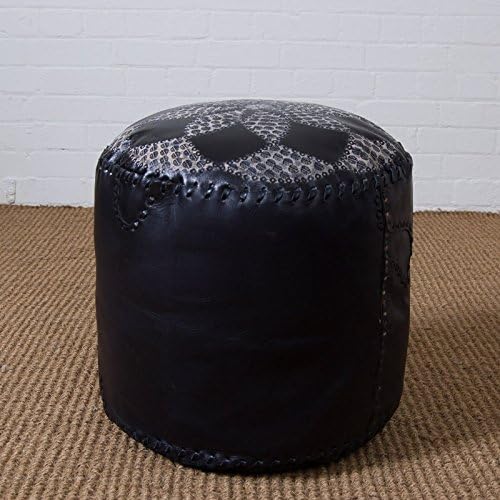Black Round Patterned Leather Pouffe/Footstool