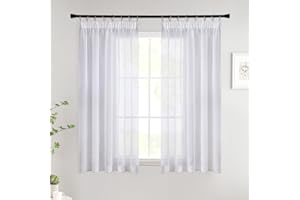 Woaboy Gardinen mit Kräuselband Kurz Fenster Voile Vorhänge Wohnzimmer Transparent Sheer Curtains Stores Gardine Schlafzimmer Modern Schlaufengardinen 2er Set 140x145cm (BxH) Weiß
