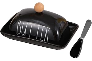 OSKAS Farmhouse Porcelain Black Butter Dish with Lid and Knife for Countertop