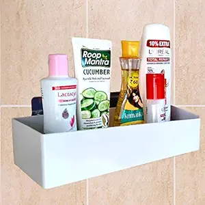 TDas Bathroom Organizer Shelf Shelves Rack self Adhesive Plastic Holder Rectangular Kitchen Multipurpose shelve Box Wall Mount (White)