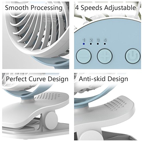 AngLink mini USB Clip Ventilator mit Batteriebetrieben mini Tischventilator Fan | 4 Geschwindigkeitsmodi, Beliebige Rotation | PC, MAC, Notebook optimal für den Schreibtisch, Kinderwagen, Rollstuhl, Schlafzimmer, Camping (Blau/Weiß) - 6