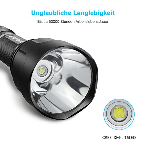 1000 Lumen C8 LED Taschenlampe von BYBLIGHT, Superhelle Taktische Taschenlampe LED aufladbar, Cree XML T6 Chips, IP65 Wasserdichte, 5 Modus,Hochwertigere Handlampe set, für Outoor, Camping, Wandern, Notfälle und Haushalt (Inkl. 18650 Akku und AC-Ladegerät) - 4