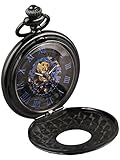 Alienwork Retro Herren Damen mechanische Taschenuhr Handaufzug schwarz mit blau Skelett Retro