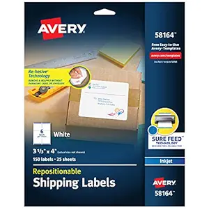 Avery Repositionable Shipping Labels for Inkjet Printers, 3.33 x 4 Inches, White, Box of 150 (58164)