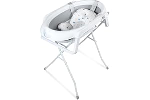 Eulenke Baignoire pour bébé pliante avec support, Baignoire bebe sur pied, thermomètre et armature intégrés, portable, antidérapante, pour nouveau-nés jusqu'à 3 mois, coussin de soutien inclus