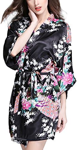 TIAQUE Womens Kimono Robes Satin Dressing Gown Peacock Blossoms Pyjamas Short Nightwear (UK 6, Black)