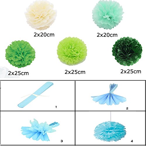 Freedom-vp Papier Pompom 10er 20cm/25cm Mixed DIY Papier Blumen PomPoms Zum Aufhängen Seidenpapier schöne Dekor für Geburtstag Hochzeitsfest Basteln Babyshower Dekoration Feier Party Baby-Duschen Brautduschen Wohnungdeko (Farbe-4) - 2