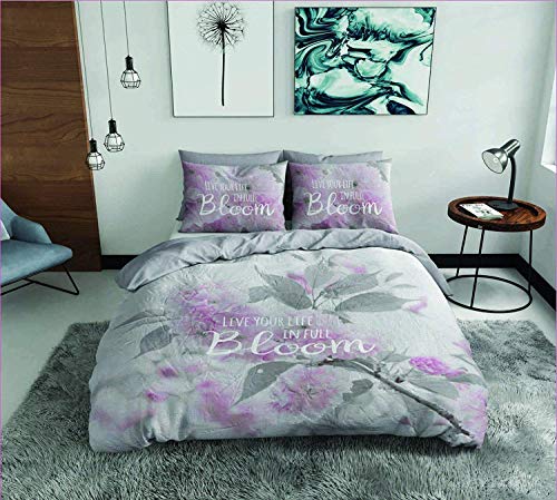 Sasa Craze Live Your Life en Full Bloom Gris 100% Coton avec Housse de Couette de lit avec taies d'oreiller, Gris, Simple