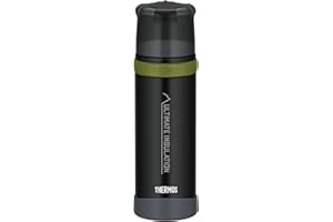 Thermos Mountain Beverage Bottle 0,50 l, czarna, termos ze stali nierdzewnej z kubkiem do picia, ciepła 24 h/zimna 24 h, lekka butelka outdoorowa, wytrzymała, rozkładane zamknięcie, nie zawiera BPA