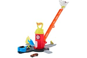 Hot Wheels City Superbrandstation räddningslekset & brandbil | Stegbanan kan förlängas till 40 cm och har 4 olika utgångar, enkel förvaring, innehåller lastbil i skala 1:64, JHL95