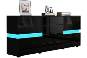 Senvoziii Sideboard Kommode in Hochglanz Schwarz Highboard Anrichte Standschrank mit 2 Türen 4 Schubladen und LED Beleuchtung 177 cm