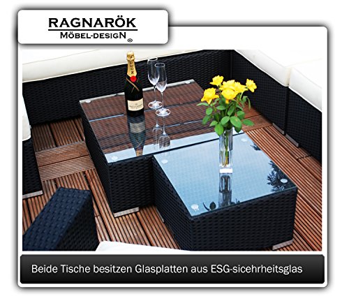 PolyRattan Lounge DEUTSCHE MARKE -- EIGNENE PRODUKTION 7 Jahre GARANTIE Garten Möbel incl. Glas und Polster Ragnarök-Möbeldesign (schwarz) Gartenmöbel
