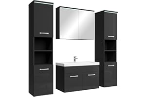 Badplaats B.V. Badezimmer Badmöbel Set Paso XL LED 80cm Waschbecken Hochglanz Schwarz Fronten - Unterschrank 2X Hochschrank Waschbecken Möbel