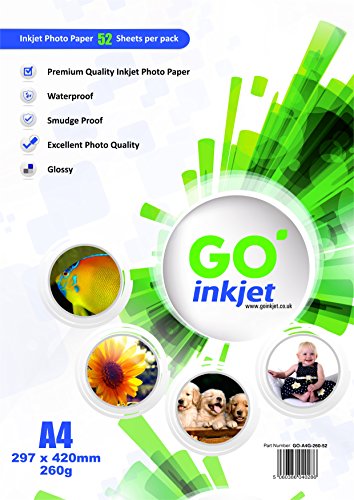 GO Inkjet - Papel fotográfico compatible con impresoras fotográficas y de inyección, tamaño A4, 260 g/m², 52 unidades, resistente al agua, ultrabrillante, color blanco
