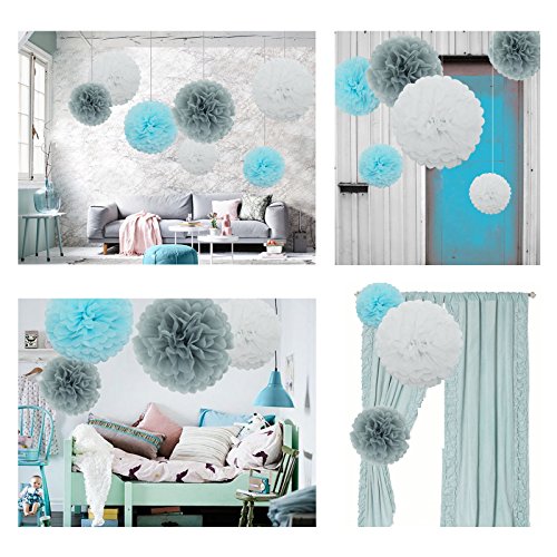 Feelshion 9er Seidenpapier Pompoms für Geburtstagsparty Babyshower Babyparty kommunion als Deko Weiß Grau Hellblau (ø35cm & ø25cm) - 3