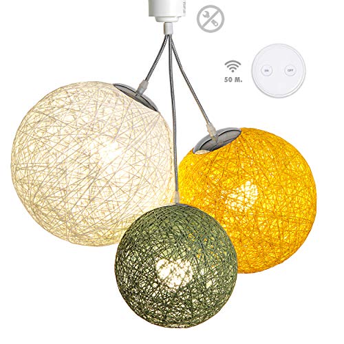 Luminaire Suspension E27-100% prêt à l'emploi sans outils - A visser directement sur une douille E27 - Télécommande sans fil - 3 boules en chanvre naturel - 3 ampoules LED E27 incluses (3x9W)-Oslo