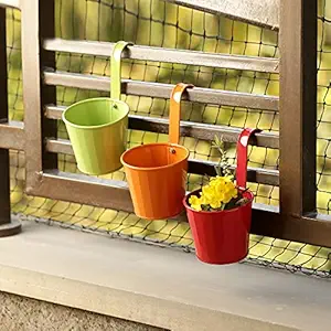 ExclusiveLane Tiny Triplets Metal Hanging Hand-Painted Railing and Table Planters Pot (Set of 3) - Flower Pot Stand for Indoor Plants Balcony Garden D