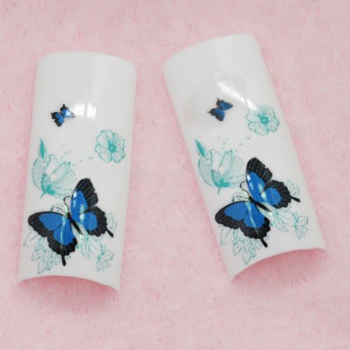 BF Professional Airbrushed New false Nail Tips For Acrylic Nail Art Tips Design Manicure tool (70pcs w/ tip box & glue) - BLUE BUTTERFLY CODE: #E458Nails