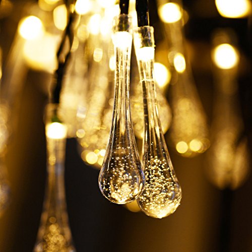 LUCKYKS Solar Lichterkette 6M 30 LED mit Sensor Außen IP44 Regentropfen Dekorativ Beleuchtung für Neujahr, Hochzeit, Party, Fest im Zimmer, Garten, Baum, Terrasse (warm weiß)