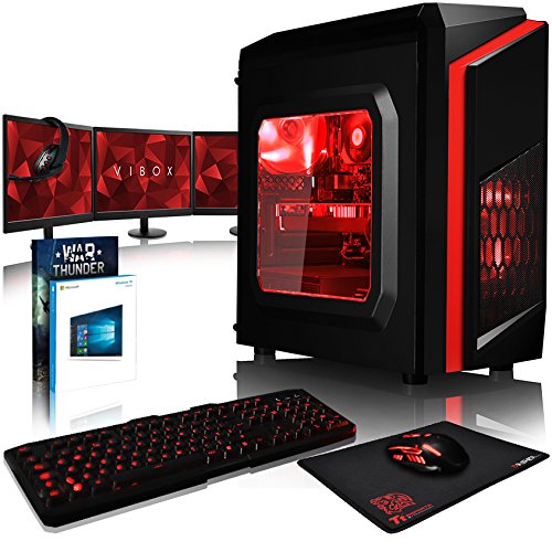 VIBOX Pyro GS760-300 Komplett-PC Paket Gaming PC - 4,2GHz Intel i7 Quad Core CPU, Geforce GTX 1060, leistungsfähig, Desktop Gamer Computer mit Spielgutschein, 3x Dreifach 22" Monitor, Gamer Tastatur & Mouse, Windows 10, Rot Innenbeleuchtung, lebenslange Garantie* (3,6GHz (4,2GHz Turbo) Superschneller Intel i7 7700 Kabylake Quad 4-Core Prozessor CPU, Nvidia GeForce GTX 1060 3GB Grafikkarte, 8GB DDR4 2133MHz RAM, 480GB SSD, 2TB Festplatte, 85+ Netzteil, Storm Rot Gehäuse, B250 Mainboard)