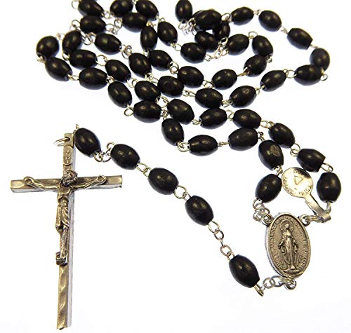 R Heaven - Negro de madera extra fuerte rosario en caja de regalo con el centro maría milagrosa bueno para los hombres