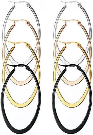 JRUI Jewelry 4 Pairs a Set Stainless Steel Teardrop Hoop Earrings for Women 40-60MM