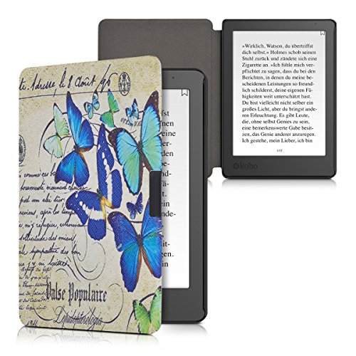 kwmobile Hülle für Kobo Aura Edition 2 – Flipcover Case eReader Schutzhülle – Bookstyle Klapphülle Schmetterlinge Schrift Design Blau Mintgrün Beige - 5