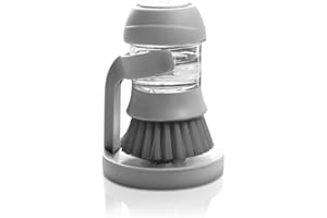 NEWHSY Multifunctional Pressing Cleaning Brush 2 in 1 Pressing Cleaning Brush with Storage Base Automatic Liquid Adding Washing Up Brushes for Kitchen（Grey）