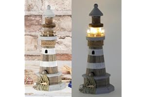 ‎POSTEN ANKER Maritime Dekoration I Leuchtturm inkl warm weißer LED Beleuchtung I Höhe 30 cm I Kiefernholz & Jute I Natur - grau I Deko Leucht Turm Maritim I