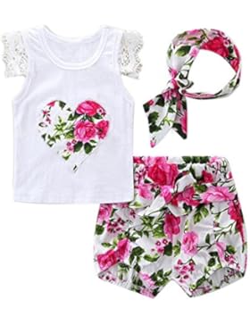 Jamicy® Neugeborene Baby Mädchen Blumen Spitze Tops + Shorts Hosen Stirnband Outfits Set Kleidung