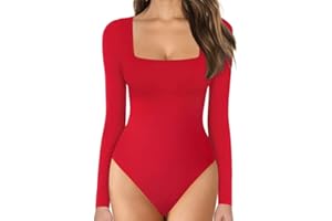 Shen&Qege Damen Jumpsuit Langarm-Body mit Thong quadratischem Ausschnitt Bodysuit Shirt