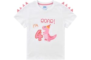 AMZTM 4th Birthday Girl T-Shirt Dinosaur Party B-Day Themed Tee Gift for Toddler 4 Years Old 100% Cotton Embroidery