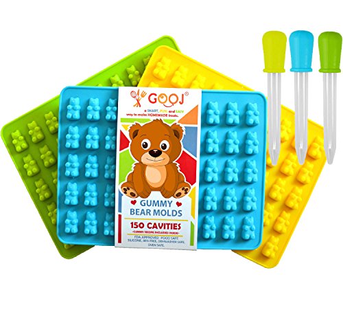 gooj-gummy Bär molds- 3 Silikon Formen 150 Gummy Bears + um 3 droppers- BPA-frei (3 Pack, blau, grün, gelb) Blue, Green and yellow - 2
