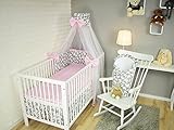 Amilian Baby Bettwäsche 5tlg Bettset mit Nestchen Kinderbettwäsche Himmel 100x135cm Schmetterling grau/Pünktchen Puderrosa Chiffonhimmel