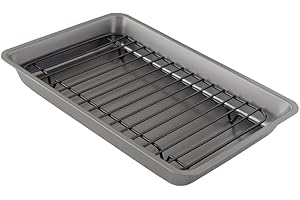 Chef Pomodoro Teglia con Griglia da Forno Piccola (28 x 19,5 cm), Teglia Forno Rettangolare Antiaderente in Acciaio al Carbonio, Gratella di Raffreddamento per Arrosti e Fritti, Ideale per Fornetti