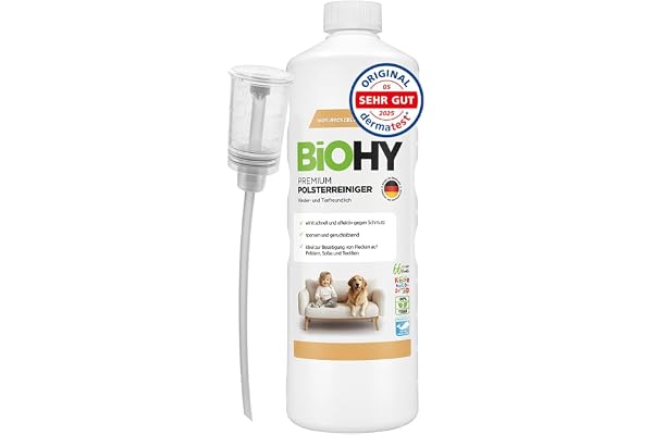 BiOHY Premium Upholstery Cleaner (1l flaska) + doser | Ekologiskt koncentrat för stoppade möbler, soffor, mattor och textilier | lämplig för våtdammsugare och andra apparater (Premium Polster)