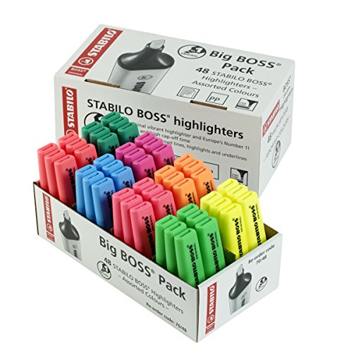spécifications STABILO BOSS Big Boss Lot de 48 surligneurs 6 jaunes, 6 bleus, 6 verts, 6 rouges, 6 turquoises, 6 orange, 6 roses et 6 violets
