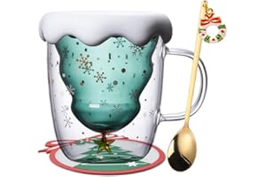 BIGNOSEDEER Kubek do kawy z podwójnymi ściankami, szklany kubek na choinkę, kubek termiczny z uchwytem na prezent świąteczny, prezent urodzinowy, prezent dla kobiety, idealny do Latte, Americano, cappuccino