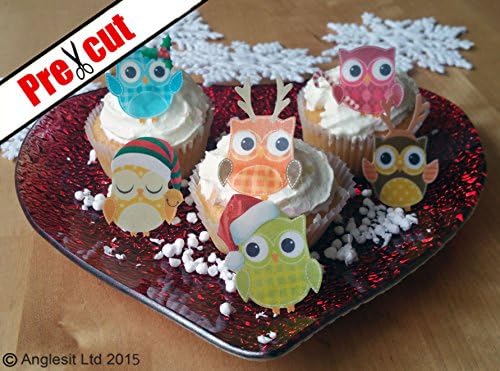 Pre-Cut Cute Christmas Owls Edible Wafer/Rice Paper Cupcake Cake Toppers Birthday Winter Party Holiday Decorations