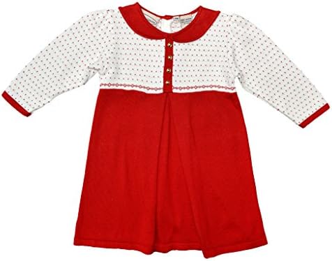 Baby Girl's Knit Party Dress - Fancy Sweater Dress in Dark Red and White with Gold Buttons, 12M