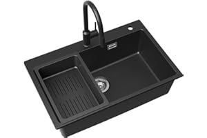 CECIPA Évier noir avec robinet extensible 70 x 45 x 20 cm, évier en granit avec bonde et trop-plein, 1 bac encastrable à partir de 80 cm de largeur d'armoire, évier de cuisine avec grand bac
