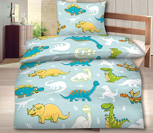 Aminata Kids – Bettwäsche Kinder 100×135 Dinosaurier Dino Jungen Mikrofaser-Kinderbettwäsche Kleinkinder Drache blau Babybettwäsche Kinderbett-Baby - 2