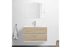 INBAGNO Mobile Bagno sospeso con lavabo in Ceramica e Specchio, cassetti e Ante a Chiusura rallentata, 3 colorazioni Disponibili (90 cm 2 cassetti, Rovere Africa)