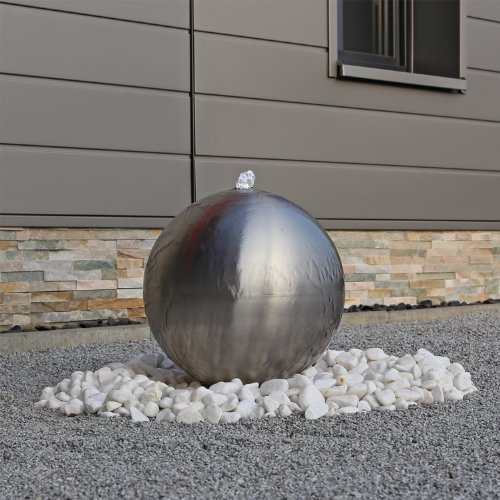 Edelstahl Gartenbrunnen ESB4 mit einer 38cm großen Edelstahl Kugel matt gebürstet und LEC Beleuchtung Kugelbrunnen - 3