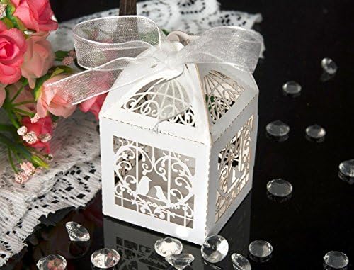 ColorMax 50 Pack White Love Birds Laser Cut Favour Candy Box Bomboniere with Ribbons Bridal Shower Wedding Party Favors