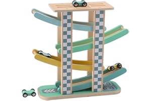 MERKAN, Holzbahn - Auto Rutsche - 4 Etagen, 4 Etagen, 4 kleine bunte Spielzeug, für Kinder ab 18 Monate Holzbahn Marmor Kinderautobahn